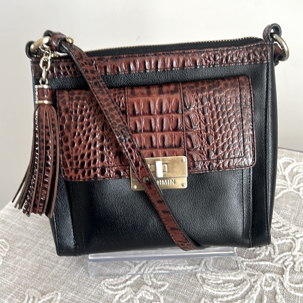 Brahmin Mimosa Tuscan Black/Croc Embossed Trim Crossbody Bag - Picture 2 of 16